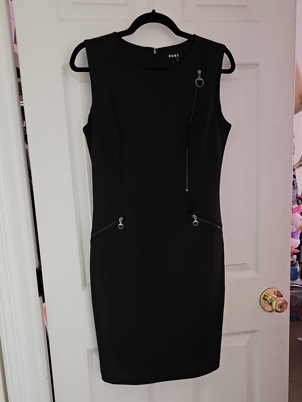 DKNY Black Sleeveless Midi Sheath Dress with Silver Zip Details